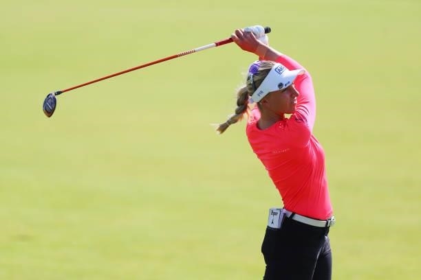 Sophia Popov of Germany plays a shot during the Pro-Am prior to the AIG Women's Open at Carnoustie Golf Links on August 18, 2021 in Carnoustie,...
