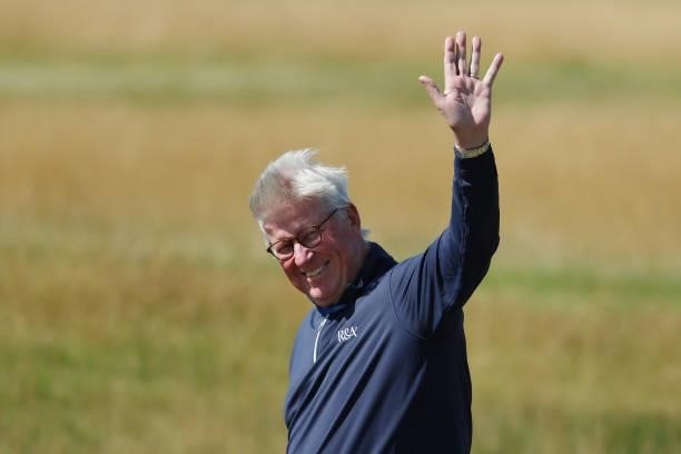 Martin Slumbers, Chief Executive of the R&A waves during the Pro-Am prior to the AIG Women's Open at Carnoustie Golf Links on August 18, 2021 in...
