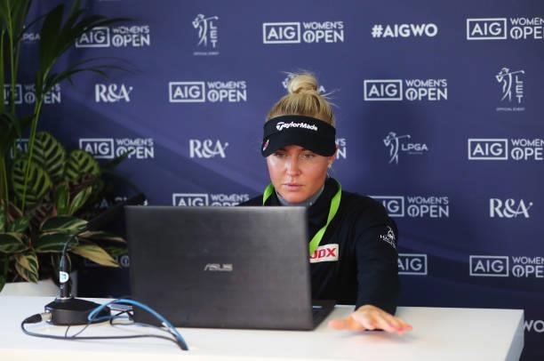In this handout image provided by the R&A, Charley Hull of England speaks in a press conference during the Pro-Am prior to the AIG Women's Open at...