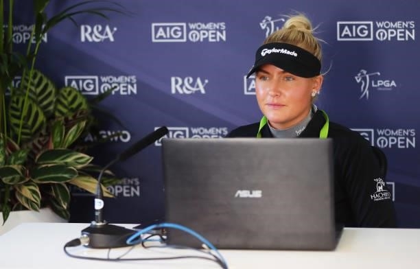 In this handout image provided by the R&A, Charley Hull of England speaks in a press conference during the Pro-Am prior to the AIG Women's Open at...