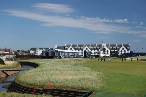 General view of the eighteenth hole during the Pro-Am prior to the AIG Women's Open at Carnoustie Golf Links on August 18, 2021 in Carnoustie,...