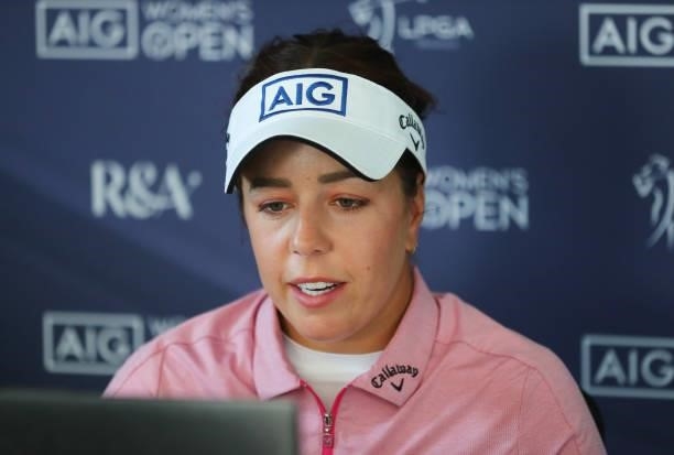 In this handout image provided from the R&A, Georgia Hall of England speaks in a press conference during the Pro-Am prior to the AIG Women's Open at...