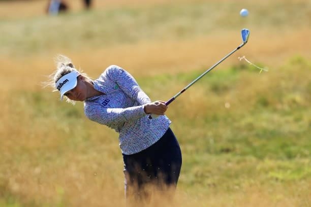 Sanna Nuutinen of Finland plays a shot during the Pro-Am prior to the AIG Women's Open at Carnoustie Golf Links on August 18, 2021 in Carnoustie,...