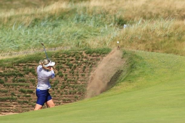 Sanna Nuutinen of Finland plays a bunker shot during the Pro-Am prior to the AIG Women's Open at Carnoustie Golf Links on August 18, 2021 in...