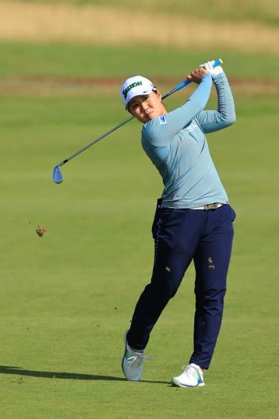 Nasa Hataoka of Japan plays a shot during the Pro-Am prior to the AIG Women's Open at Carnoustie Golf Links on August 18, 2021 in Carnoustie,...