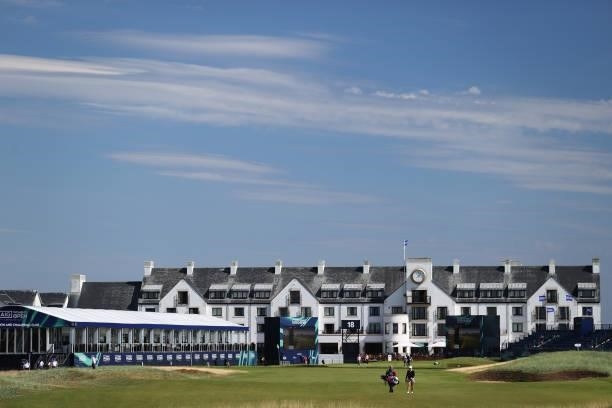 General view of the eighteenth hole and the Carnoustie Golf Hotel and Spa during the Pro-Am prior to the AIG Women's Open at Carnoustie Golf Links on...