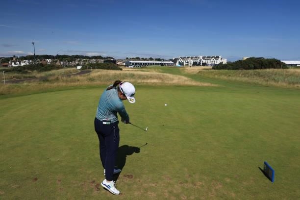Nasa Hataoka of Japan tees off on the sixteenth hole during the Pro-Am prior to the AIG Women's Open at Carnoustie Golf Links on August 18, 2021 in...