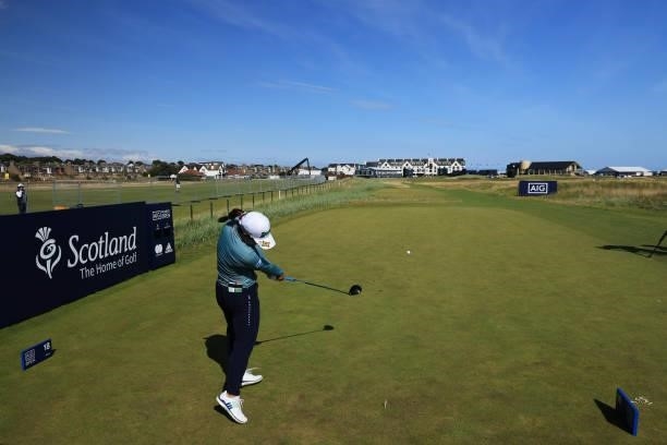 Nasa Hataoka of Japan tees off on the eighteenth hole during the Pro-Am prior to the AIG Women's Open at Carnoustie Golf Links on August 18, 2021 in...