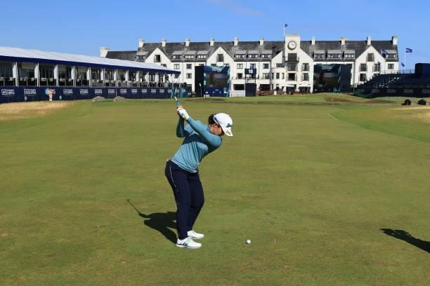 Nasa Hataoka of Japan plays a shot on the eighteenth hole during the Pro-Am prior to the AIG Women's Open at Carnoustie Golf Links on August 18, 2021...