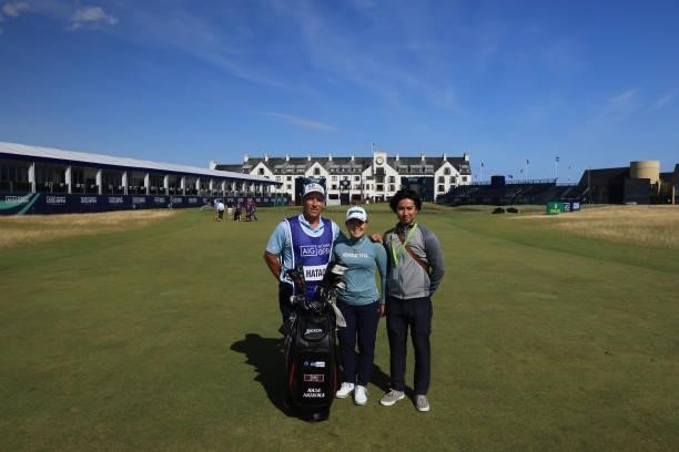 Nasa Hataoka of Japan and her caddie pose for a photo on the eighteenth hole during the Pro-Am prior to the AIG Women's Open at Carnoustie Golf Links...