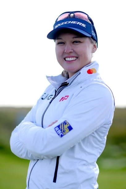 Brooke Henderson of Canada poses for a photo during the Pro-Am prior to the AIG Women's Open at Carnoustie Golf Links on August 18, 2021 in...