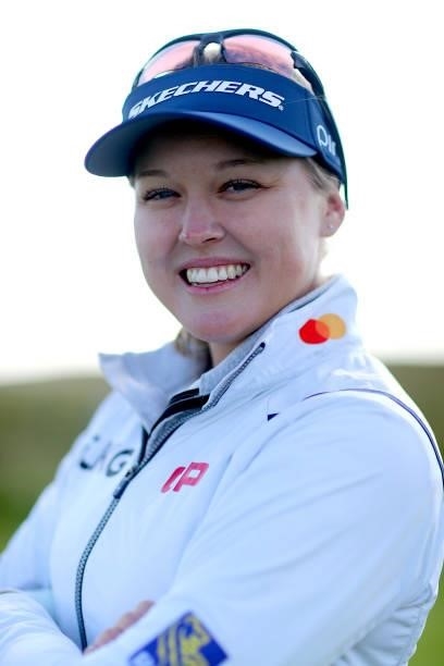 Brooke Henderson of Canada poses for a photo during the Pro-Am prior to the AIG Women's Open at Carnoustie Golf Links on August 18, 2021 in...