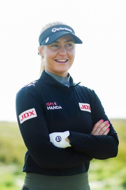 Charley Hull of England poses for a photo during the Pro-Am prior to the AIG Women's Open at Carnoustie Golf Links on August 18, 2021 in Carnoustie,...