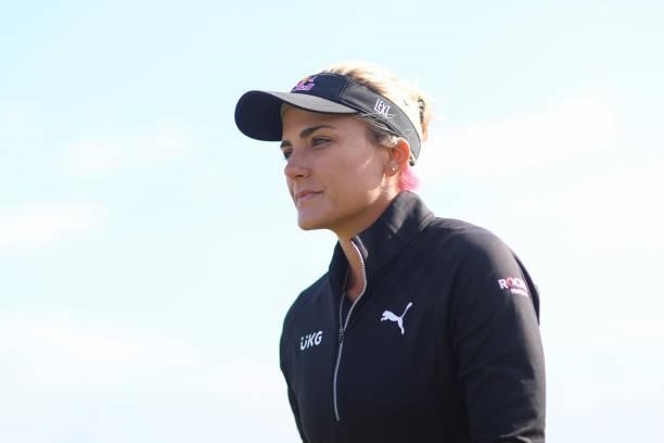 Lexi Thompson of The United States looks on during the Pro-Am prior to the AIG Women's Open at Carnoustie Golf Links on August 18, 2021 in...