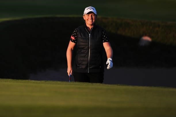 Gemma Dryburgh of Scotland smiles following a practice round prior to the AIG Women's Open at Carnoustie Golf Links on August 17, 2021 in Carnoustie,...