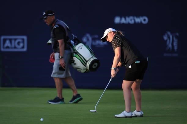 Gemma Dryburgh of Scotland plays a shot in a practice round prior to the AIG Women's Open at Carnoustie Golf Links on August 17, 2021 in Carnoustie,...