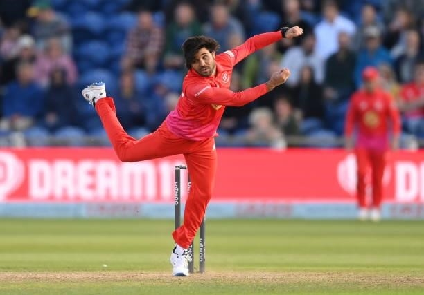 Qais Ahmad of Welsh Fire bowls during The Hundred match between Welsh Fire Men and London Spirit Men at Sophia Gardens on August 18, 2021 in Cardiff,...