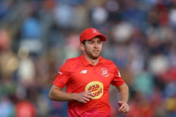 Ryan Higgins of Welsh Fire in the field during The Hundred match between Welsh Fire Men and London Spirit Men at Sophia Gardens on August 18, 2021 in...