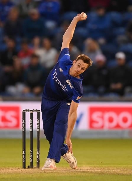 Brad Wheal of London Spirit bowls during The Hundred match between Welsh Fire Men and London Spirit Men at Sophia Gardens on August 18, 2021 in...