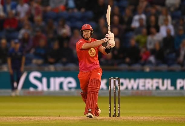 Glenn Phillips of Welsh Fire hits a six during The Hundred match between Welsh Fire Men and London Spirit Men at Sophia Gardens on August 18, 2021 in...