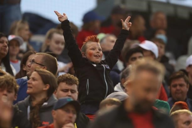 Fan reacts during The Hundred match between Welsh Fire Men and London Spirit Men at Sophia Gardens on August 18, 2021 in Cardiff, Wales.