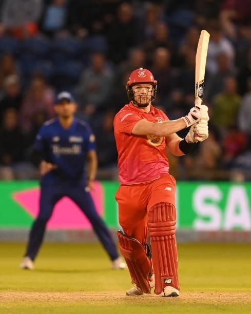 Glenn Phillips of Welsh Fire hits out during The Hundred match between Welsh Fire Men and London Spirit Men at Sophia Gardens on August 18, 2021 in...