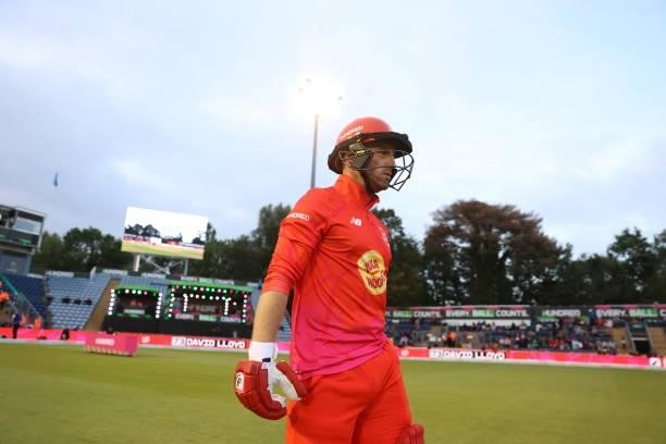 David Lloyd of Welsh Fire walks out to bat during The Hundred match between Welsh Fire Men and London Spirit Men at Sophia Gardens on August 18, 2021...