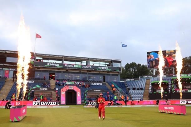 David Lloyd of Welsh Fire walks out to bat during The Hundred match between Welsh Fire Men and London Spirit Men at Sophia Gardens on August 18, 2021...