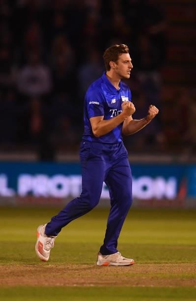 Brad Wheal of London Spirit Men celebrates after taking the wicket of Glenn Phillips of Welsh Fire Men during The Hundred match between Welsh Fire...