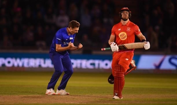 Brad Wheal of London Spirit Men celebrates after taking the wicket of Glenn Phillips of Welsh Fire Men during The Hundred match between Welsh Fire...