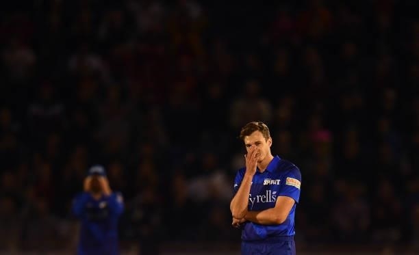 Brad Wheal of London Spirit Men reacts during The Hundred match between Welsh Fire Men and London Spirit Men at Sophia Gardens on August 18, 2021 in...