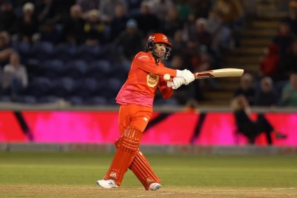 Qais Ahmad of Welsh Fire bats during The Hundred match between Welsh Fire Men and London Spirit Men at Sophia Gardens on August 18, 2021 in Cardiff,...