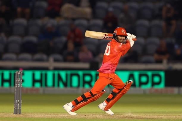 Qais Ahmad of Welsh Fire hits a four during The Hundred match between Welsh Fire Men and London Spirit Men at Sophia Gardens on August 18, 2021 in...