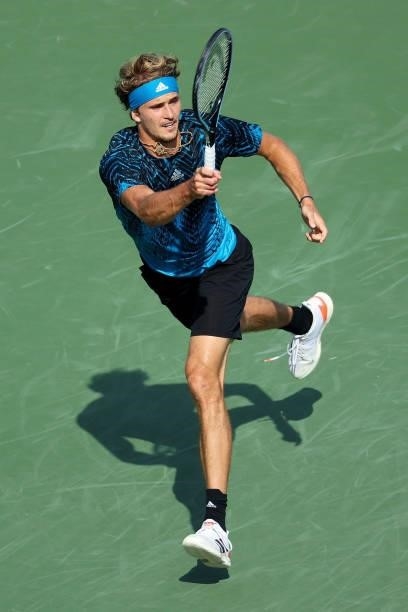 Alexander Zverev of Germany plays a forehand during his match against Lloyd Harris of South Africa during Western & Southern Open - Day 4 at Lindner...