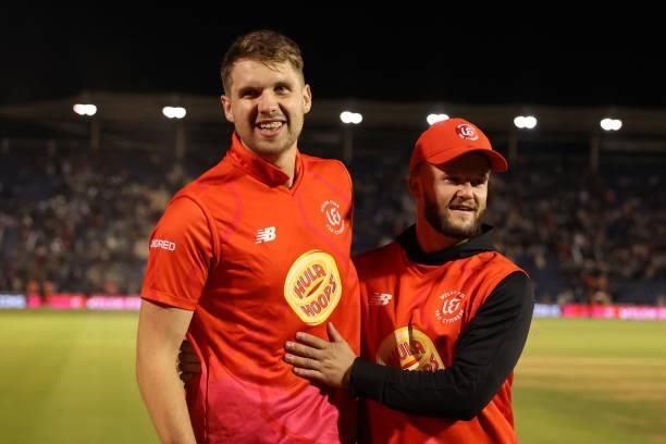 Ben Duckett and Jake Ball of Welsh Fire celebrate winning the game during The Hundred match between Welsh Fire Men and London Spirit Men at Sophia...