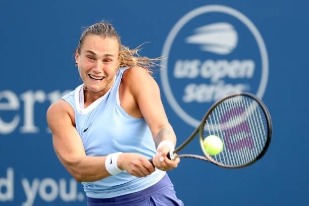 Aryna Sabalenka of Belarus returns a shot to Paula Badosa of Spain during the Western & Southern Open at Lindner Family Tennis Center on August 18,...