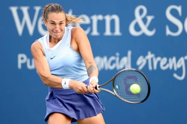 Aryna Sabalenka of Belarus returns a shot to Paula Badosa of Spain during the Western & Southern Open at Lindner Family Tennis Center on August 18,...
