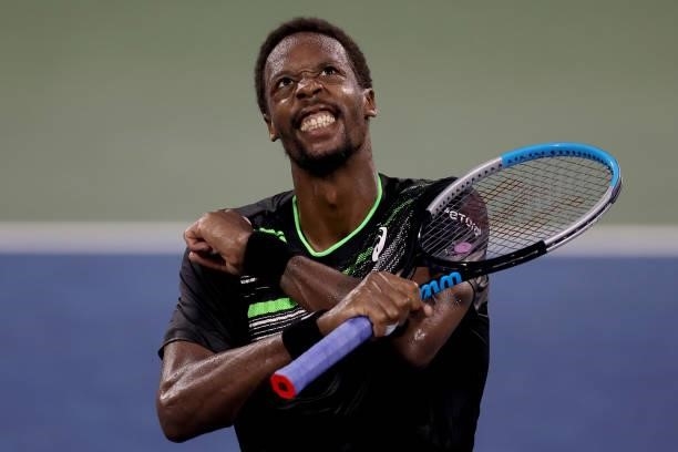 Gael Monfils of France celebrates his 500th career win after defeating Alex De Minaur of Australia during the Western & Southern Open at Lindner...
