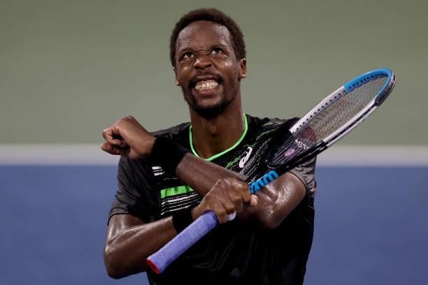 Gael Monfils of France celebrates his 500th career win after defeating Alex De Minaur of Australia during the Western & Southern Open at Lindner...