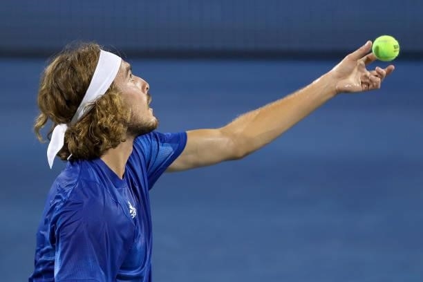Stefanos Tsitsipas of Greece serves during his match against Sebastian Korda during Western & Southern Open - Day 4 at Lindner Family Tennis Center...