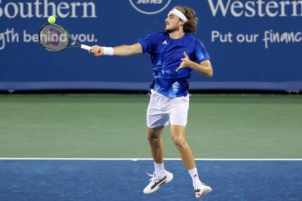 Stefanos Tsitsipas of Greece plays a forehand during his match against Sebastian Korda during Western & Southern Open - Day 4 at Lindner Family...