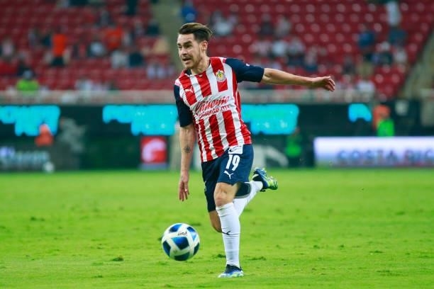 Jesus Angulo of Chivas drives the ball during the 5th round match between Chivas and Leon as part of the Torneo Grita Mexico A21 at Akron Stadium on...