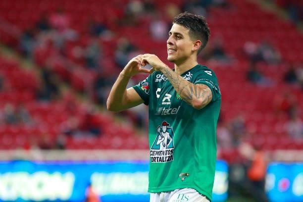 Santiago Colombatto of Leon celebrates after scoring his team's third goal during the 5th round match between Chivas and Leon as part of the Torneo...