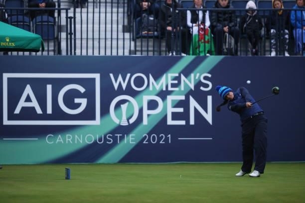 Kelsey MacDonald of Scotland tees off on the first hole during Day One of the AIG Women's Open at Carnoustie Golf Links on August 19, 2021 in...