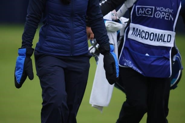 Detail view of Kelsey MacDonald of Scotland's gloves on the first hole during Day One of the AIG Women's Open at Carnoustie Golf Links on August 19,...