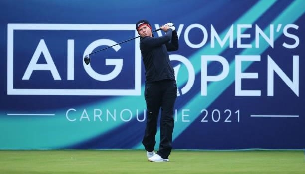 Lee-Anne Pace of South Africa tees off on the first hole during Day One of the AIG Women's Open at Carnoustie Golf Links on August 19, 2021 in...