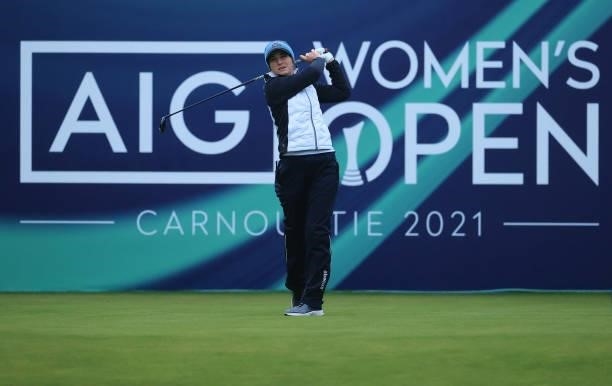 Luna Sobron Galmes of Spain tees off on the first hole during Day One of the AIG Women's Open at Carnoustie Golf Links on August 19, 2021 in...