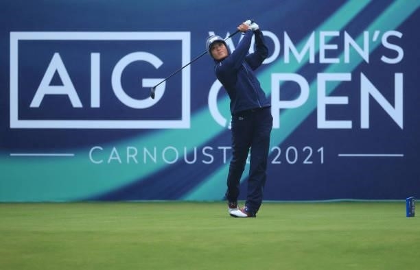 Celine Boutier of France tees off on the first hole during Day One of the AIG Women's Open at Carnoustie Golf Links on August 19, 2021 in Carnoustie,...