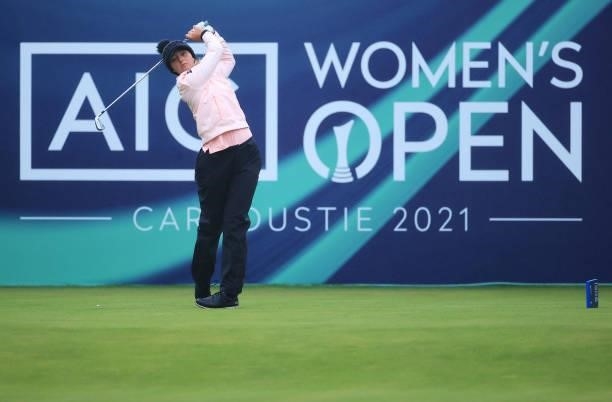 Emily Kristine Pedersen of Denmark tees off on the first hole during Day One of the AIG Women's Open at Carnoustie Golf Links on August 19, 2021 in...