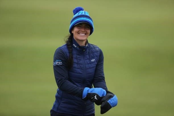 Kelsey MacDonald of Scotland smiles during Day One of the AIG Women's Open at Carnoustie Golf Links on August 19, 2021 in Carnoustie, Scotland.